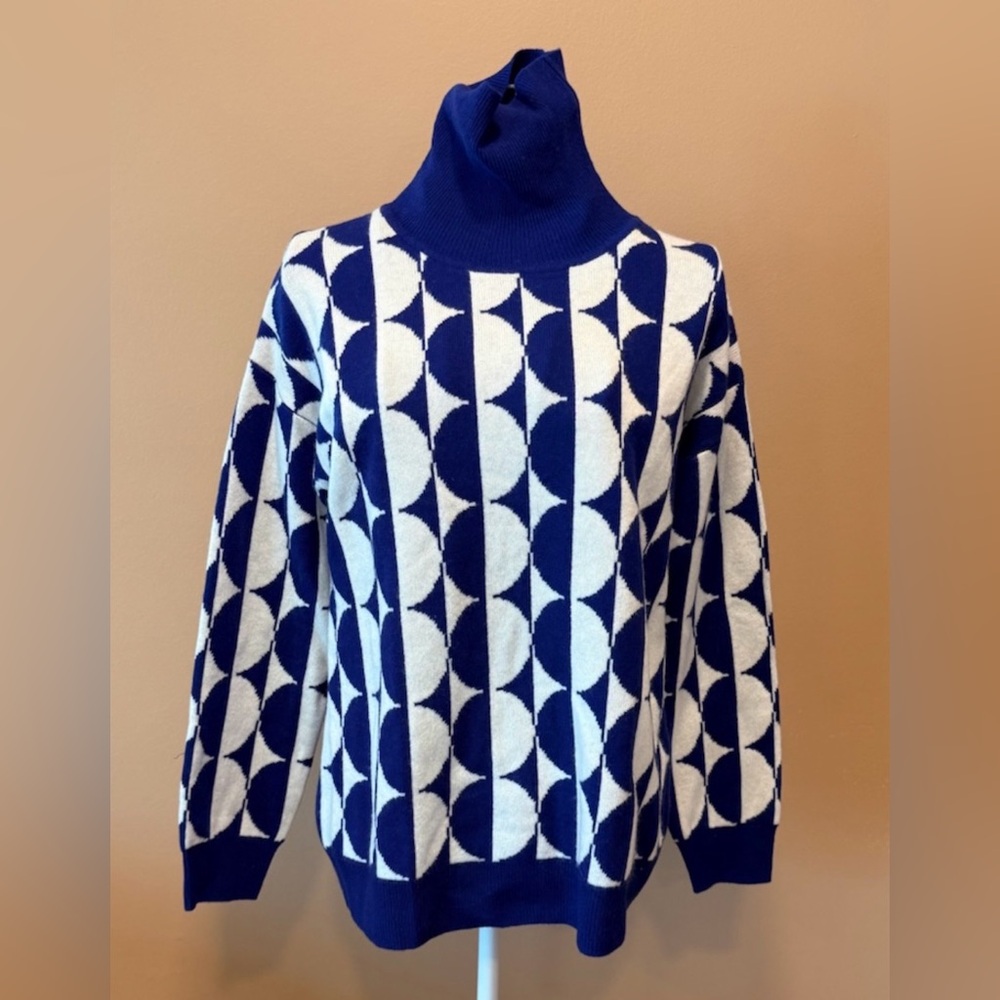 Kier + J Wool Cashmere Turtleneck Sweater Navy Ivory Geometric Print S